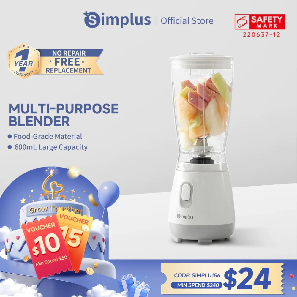 Simplus Multi-functional Blender | 600mL Capacity | 4 304 Stainless Steel Blades | Baby Food | Replacable Blades LLJH004