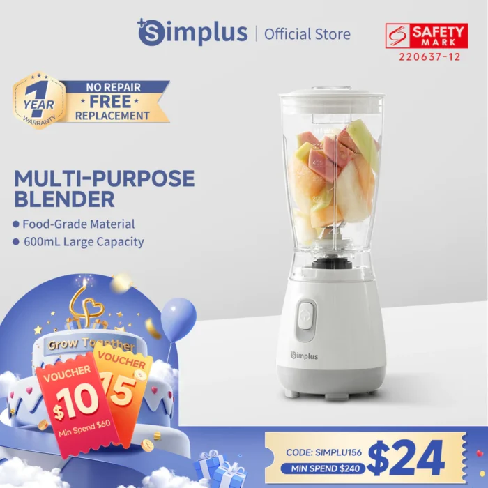 Simplus Multi-functional Blender | 600mL Capacity | 4 304 Stainless Steel Blades | Baby Food | Replacable Blades LLJH004
